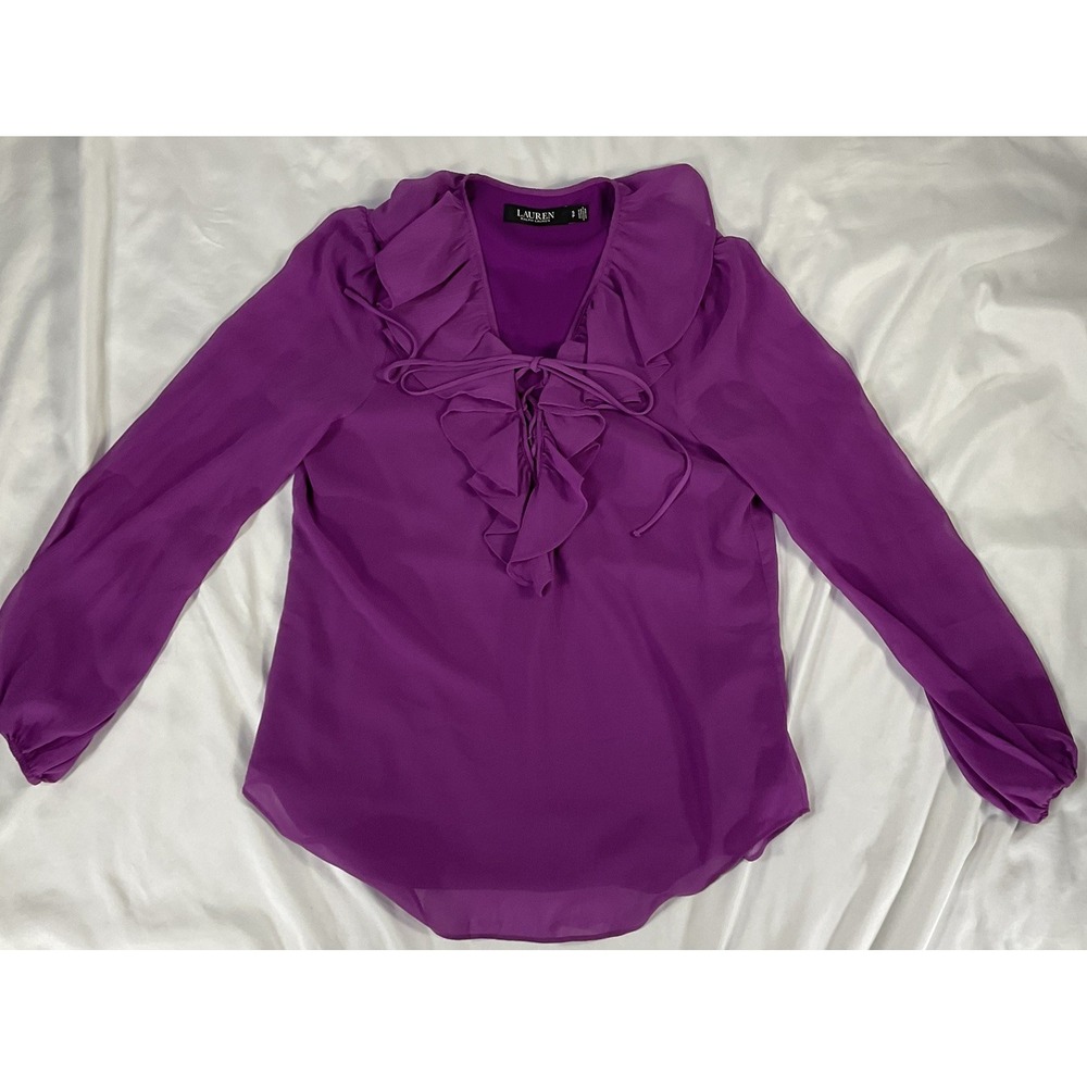 Ralph Lauren Ruffle Tie Neckline Long Sheer Sleeve Blouse Violet SZ SP 502